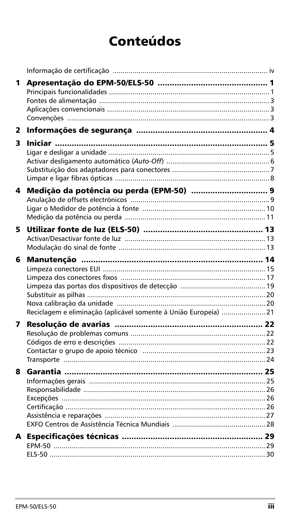 Conteúdos | EXFO EPM-ELS-50 User Manual | Page 139 / 206