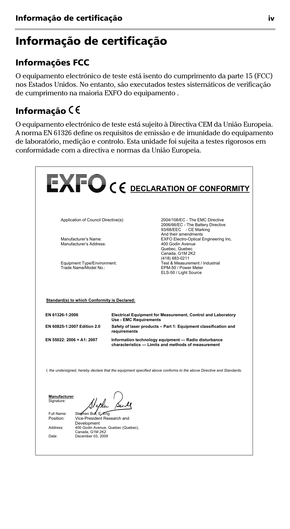 Informações fcc, Informação, Informação de certificação | Declaration of conformity | EXFO EPM-ELS-50 User Manual | Page 140 / 206
