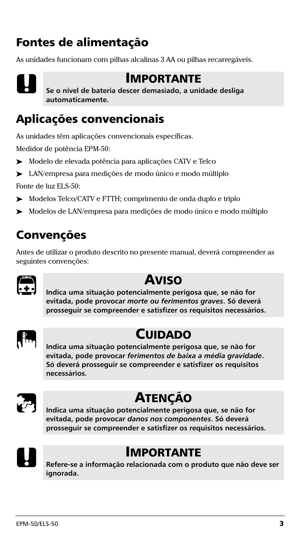 Fontes de alimentação, Aplicações convencionais, Convenções | Mportante, Viso, Uidado, Tenção | EXFO EPM-ELS-50 User Manual | Page 143 / 206