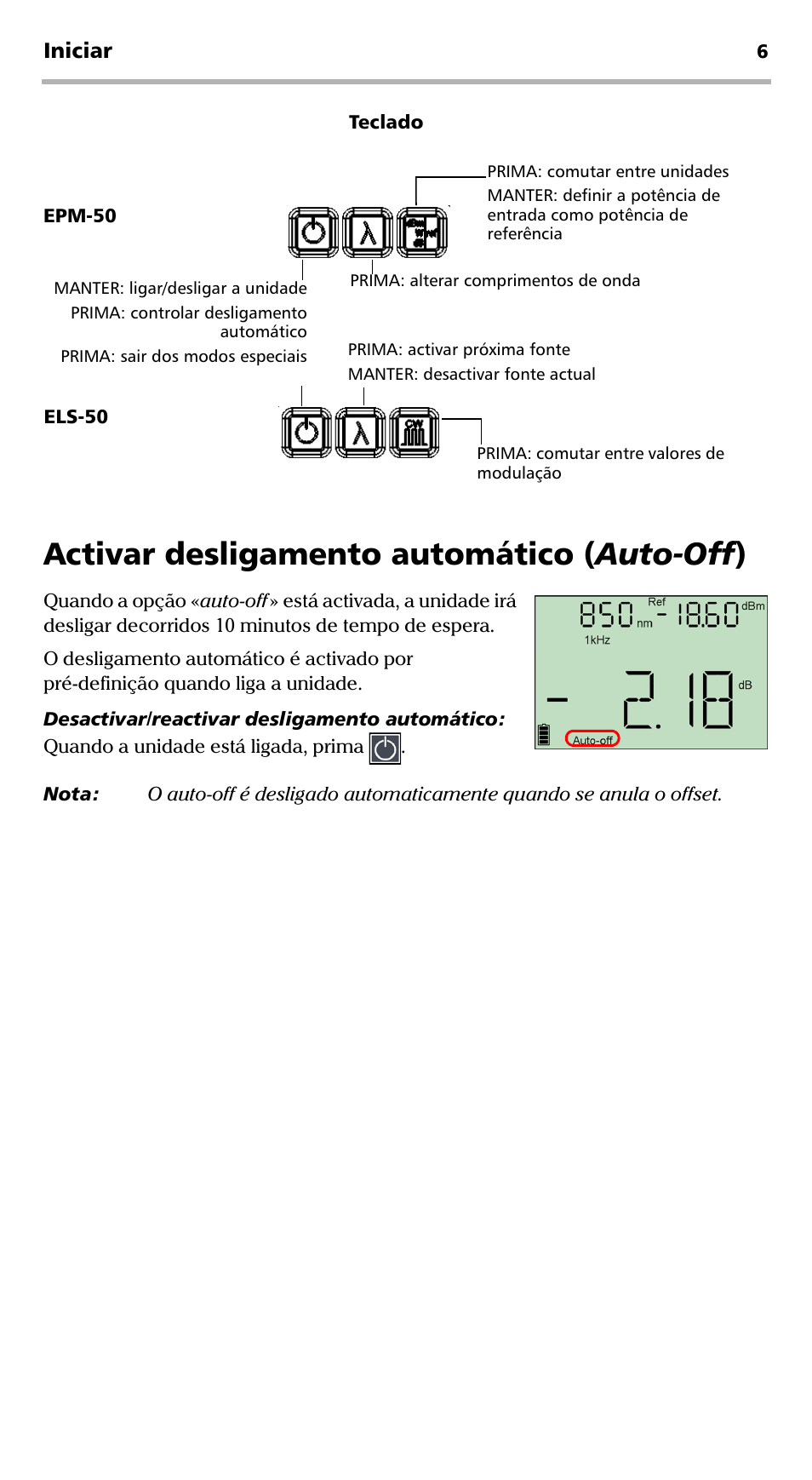 Activar desligamento automático ( auto-o, Activar desligamento automático ( auto-off ) | EXFO EPM-ELS-50 User Manual | Page 146 / 206