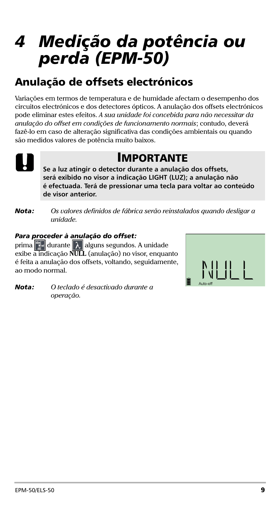 4 medição da potência ou perda (epm-50), Anulação de offsets electrónicos, Mportante | EXFO EPM-ELS-50 User Manual | Page 149 / 206