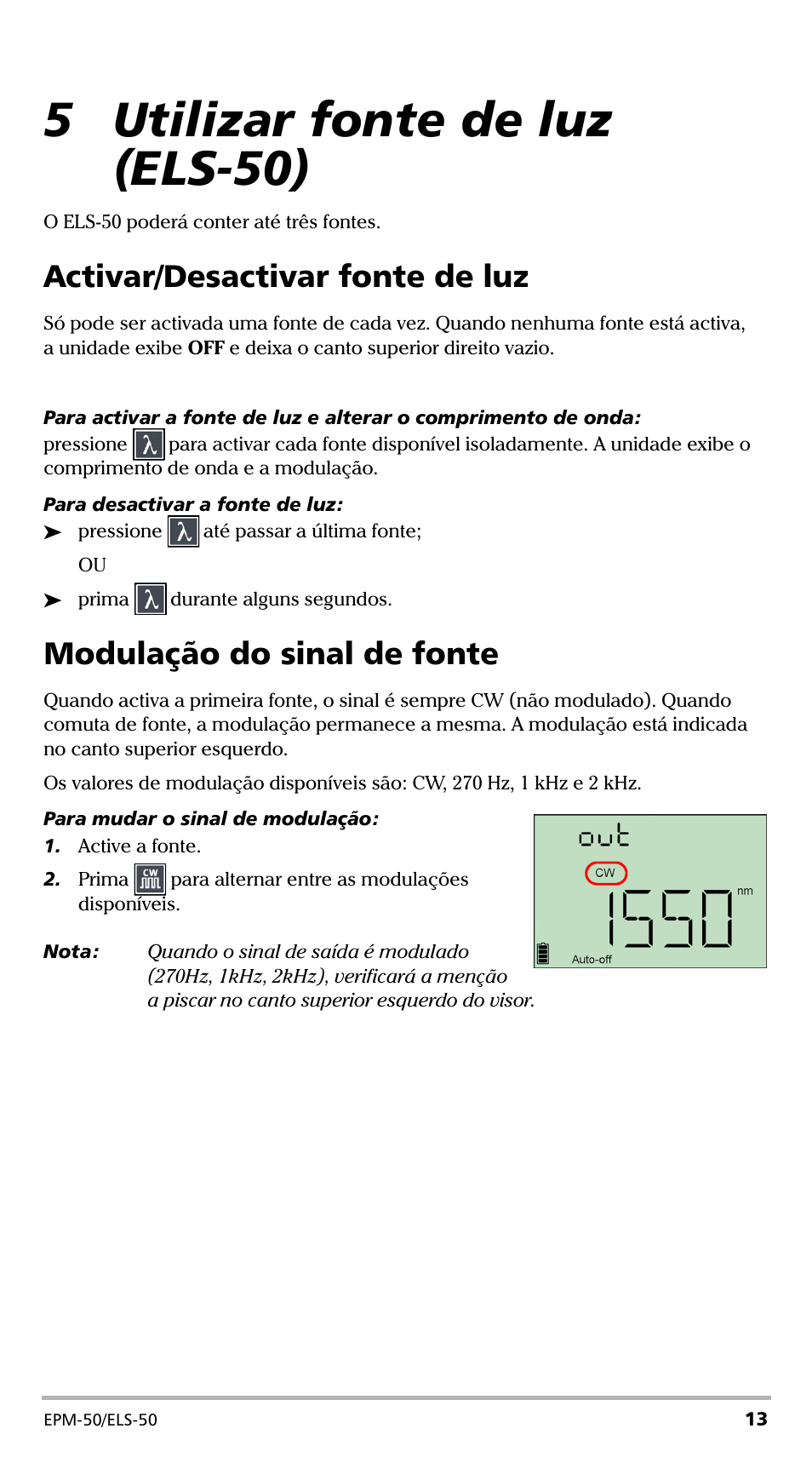 5 utilizar fonte de luz (els-50), Activar/desactivar fonte de luz, Modulação do sinal de fonte | EXFO EPM-ELS-50 User Manual | Page 153 / 206