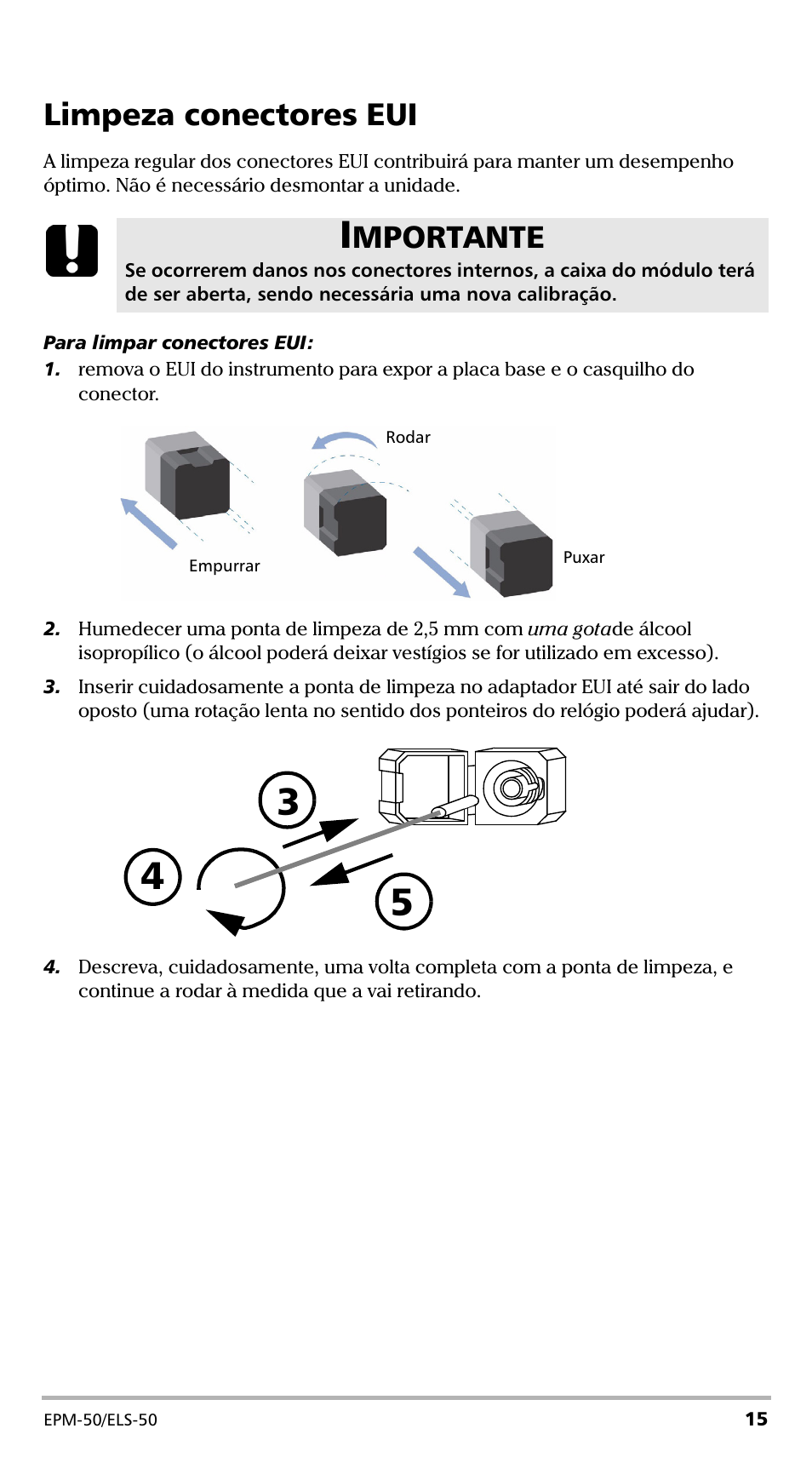 Limpeza conectores eui, Mportante | EXFO EPM-ELS-50 User Manual | Page 155 / 206