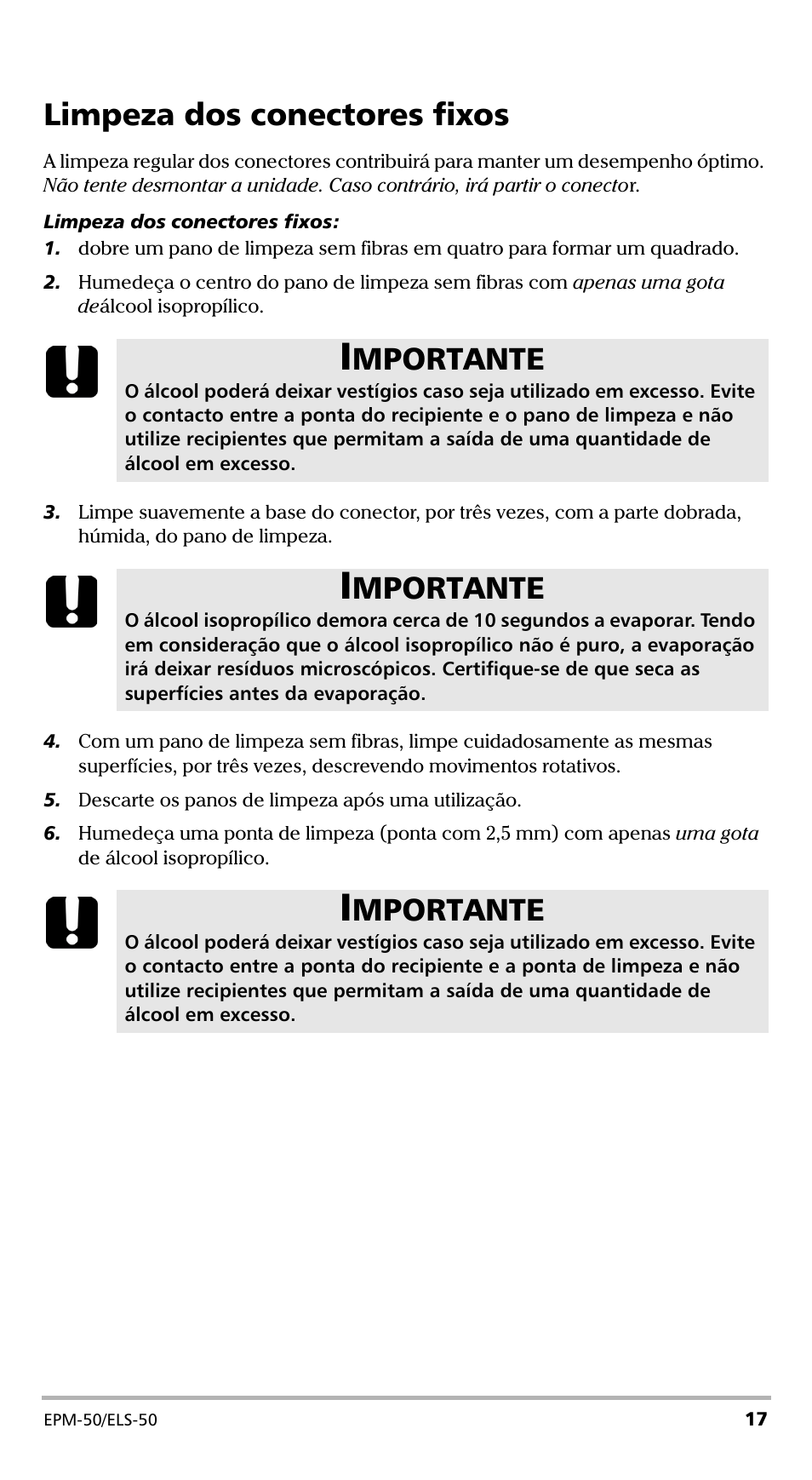 Limpeza dos conectores fixos, Mportante | EXFO EPM-ELS-50 User Manual | Page 157 / 206