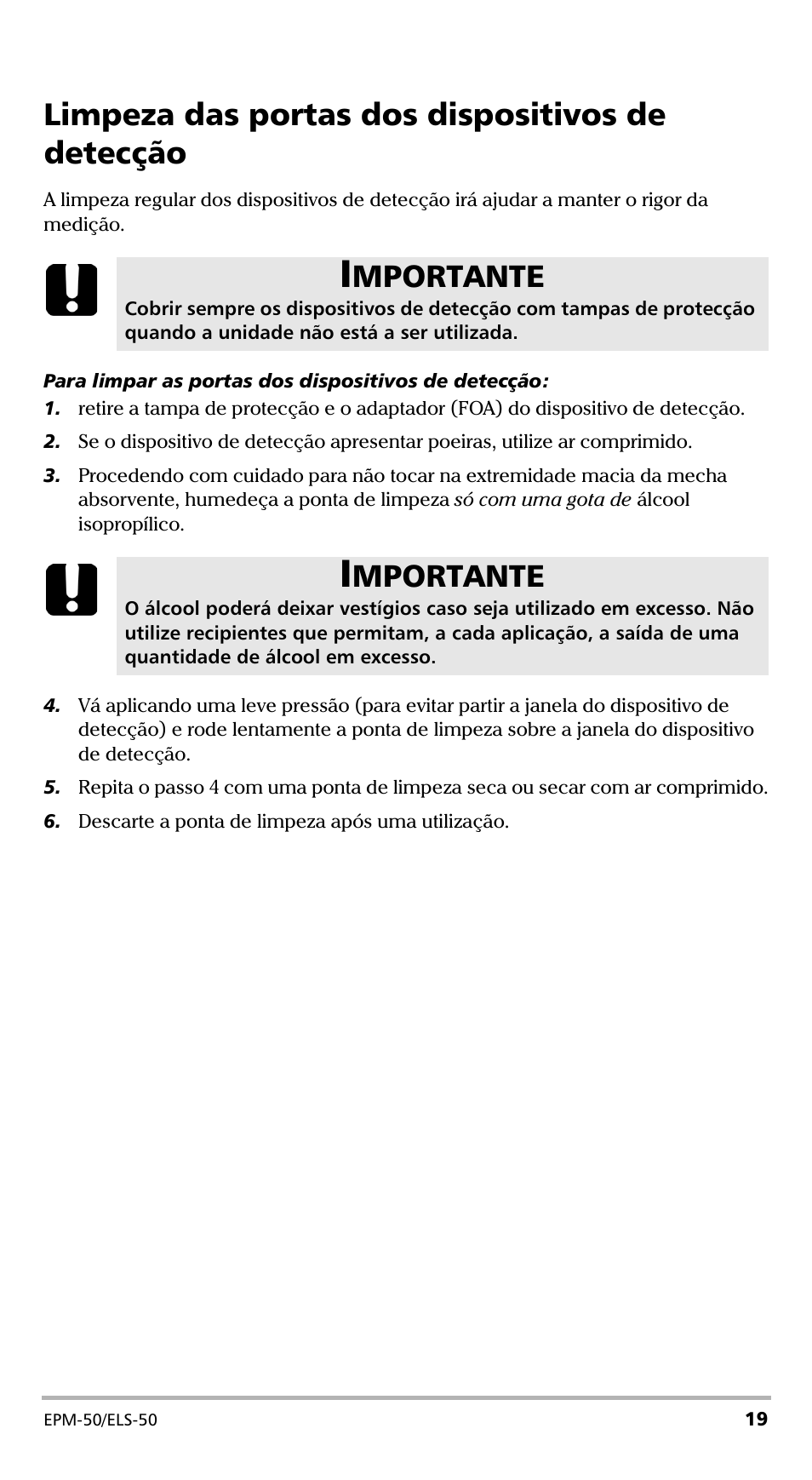 Limpeza das portas dos dispositivos de detecção, Mportante | EXFO EPM-ELS-50 User Manual | Page 159 / 206