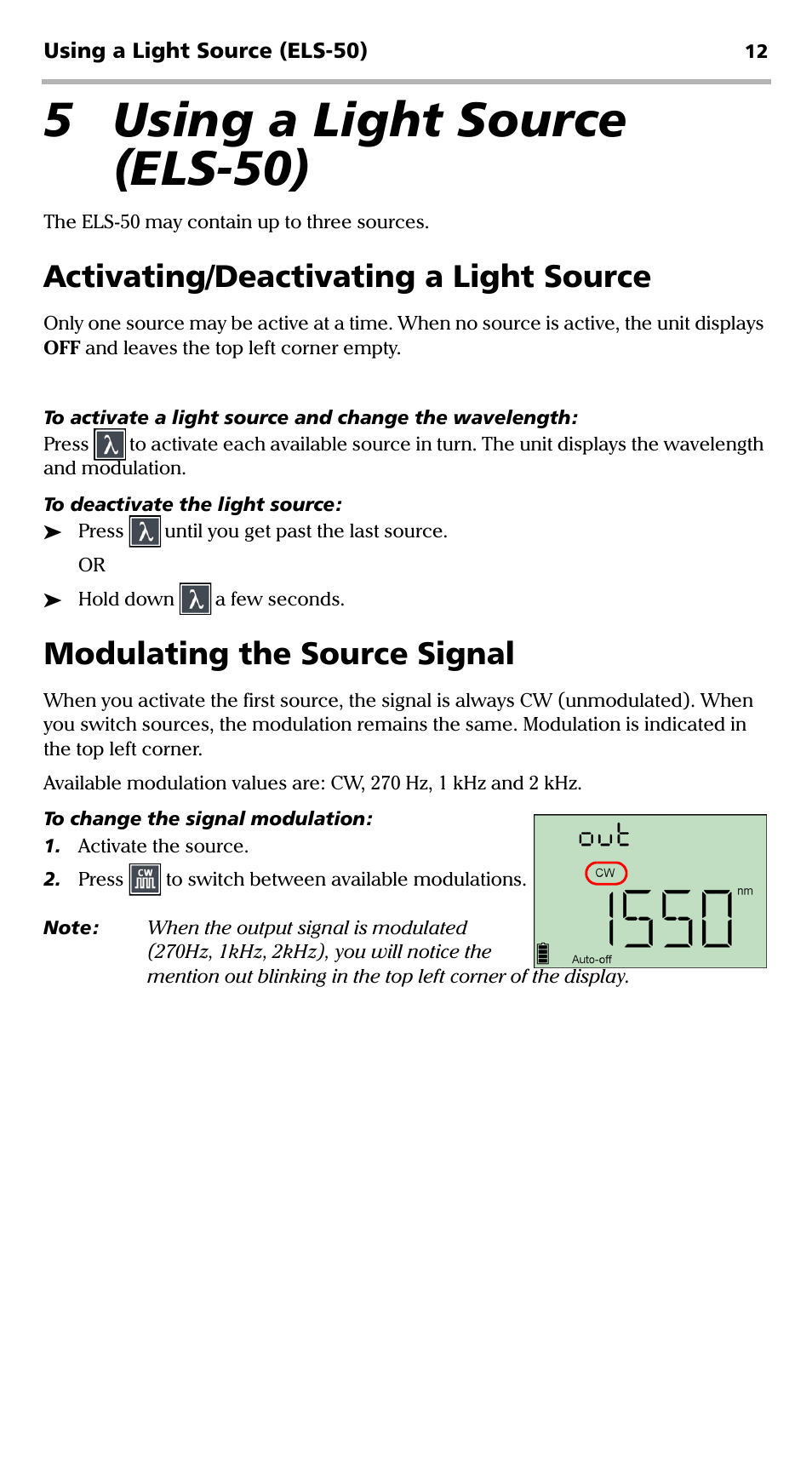 5 using a light source (els-50), Activating/deactivating a light source, Modulating the source signal | EXFO EPM-ELS-50 User Manual | Page 16 / 206