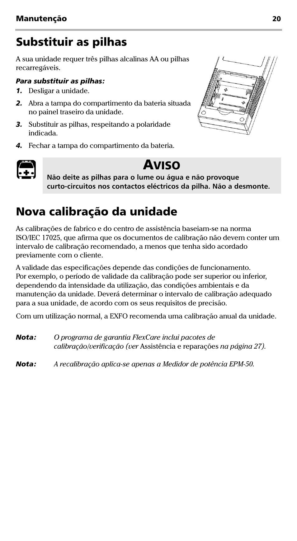 Substituir as pilhas nova calibração da unidade, Substituir as pilhas, Nova calibração da unidade | Viso | EXFO EPM-ELS-50 User Manual | Page 160 / 206