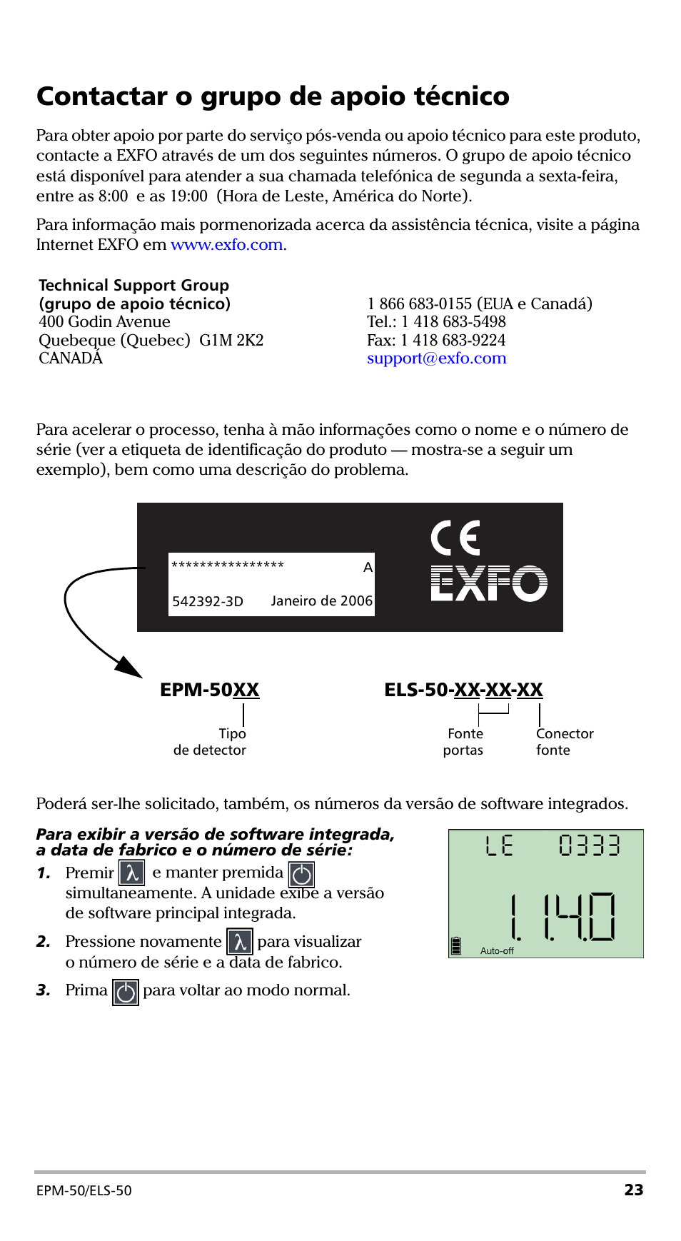 Contactar o grupo de apoio técnico, Epm-50xx, Els-50-xx-xx-xx | EXFO EPM-ELS-50 User Manual | Page 163 / 206