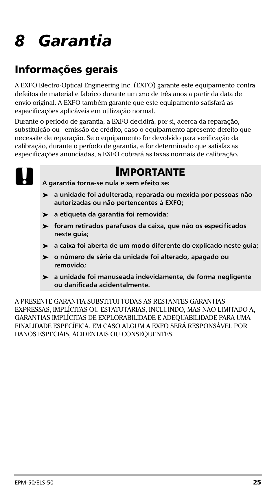 8 garantia, Informações gerais, Mportante | EXFO EPM-ELS-50 User Manual | Page 165 / 206