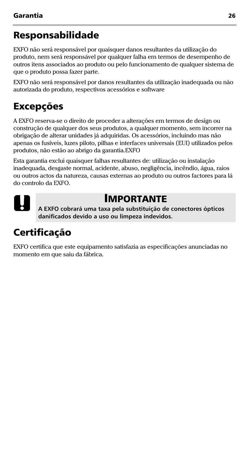 Responsabilidade excepções certificação, Responsabilidade, Excepções | Certificação, Mportante | EXFO EPM-ELS-50 User Manual | Page 166 / 206
