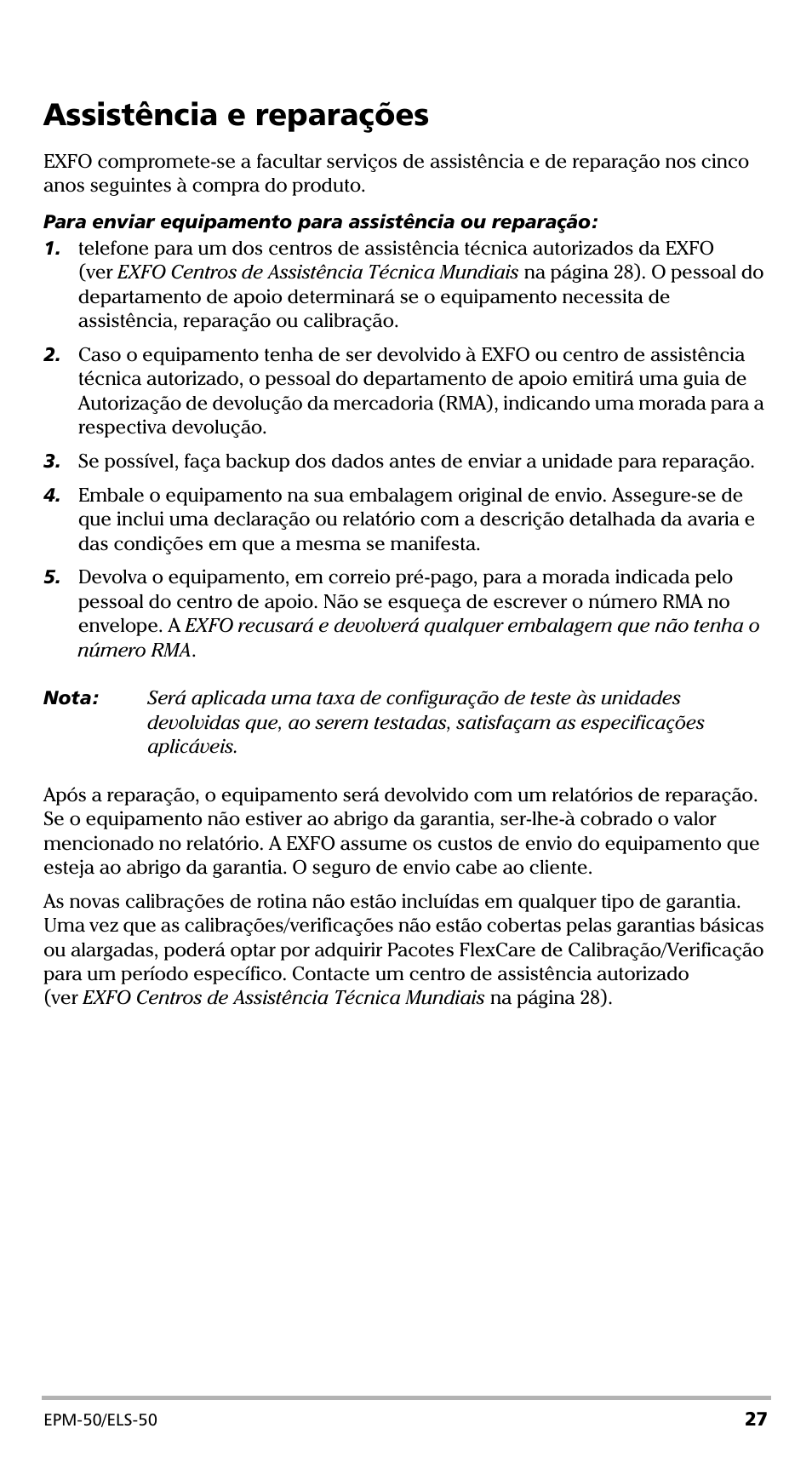 Assistência e reparações | EXFO EPM-ELS-50 User Manual | Page 167 / 206
