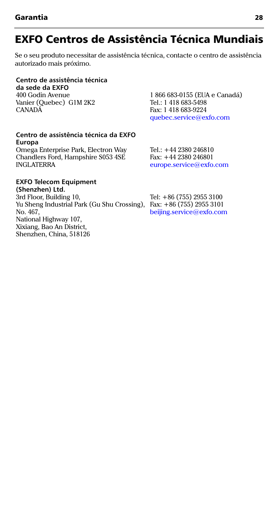 Exfo centros de assistência técnica mundiais | EXFO EPM-ELS-50 User Manual | Page 168 / 206