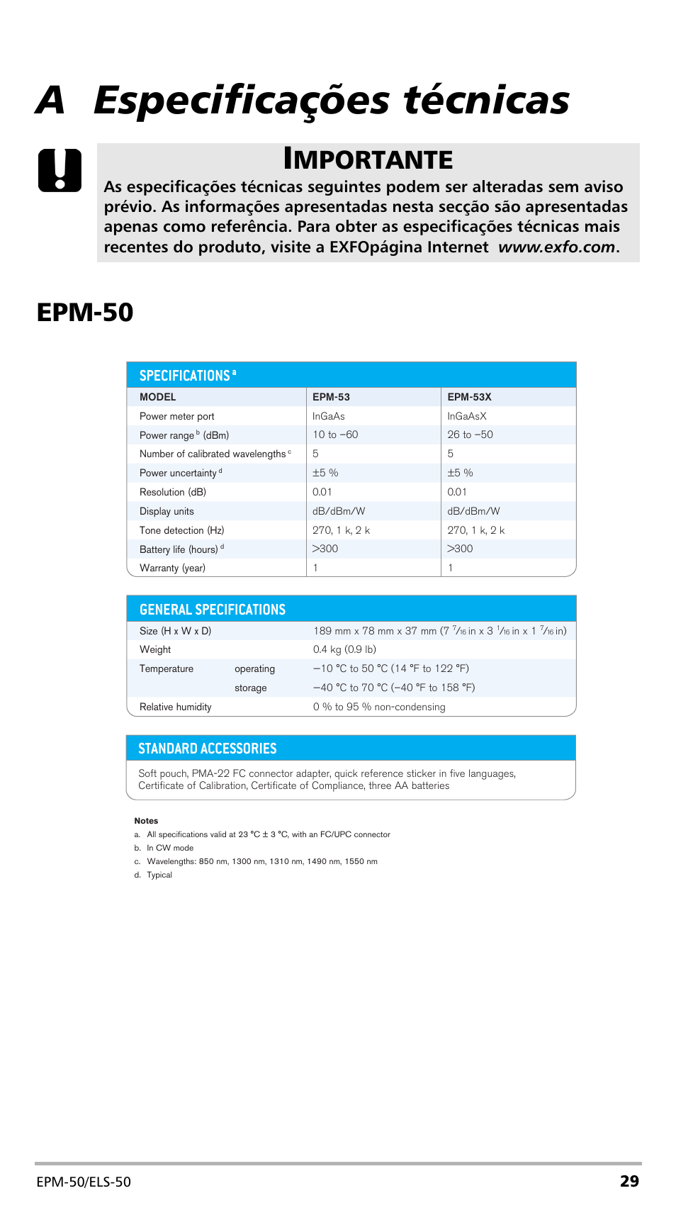 A especificações técnicas, Epm-50, Mportante | Optional accessories, Standard accessories, General specifications, Specifications, Epm-50/els-50 | EXFO EPM-ELS-50 User Manual | Page 169 / 206