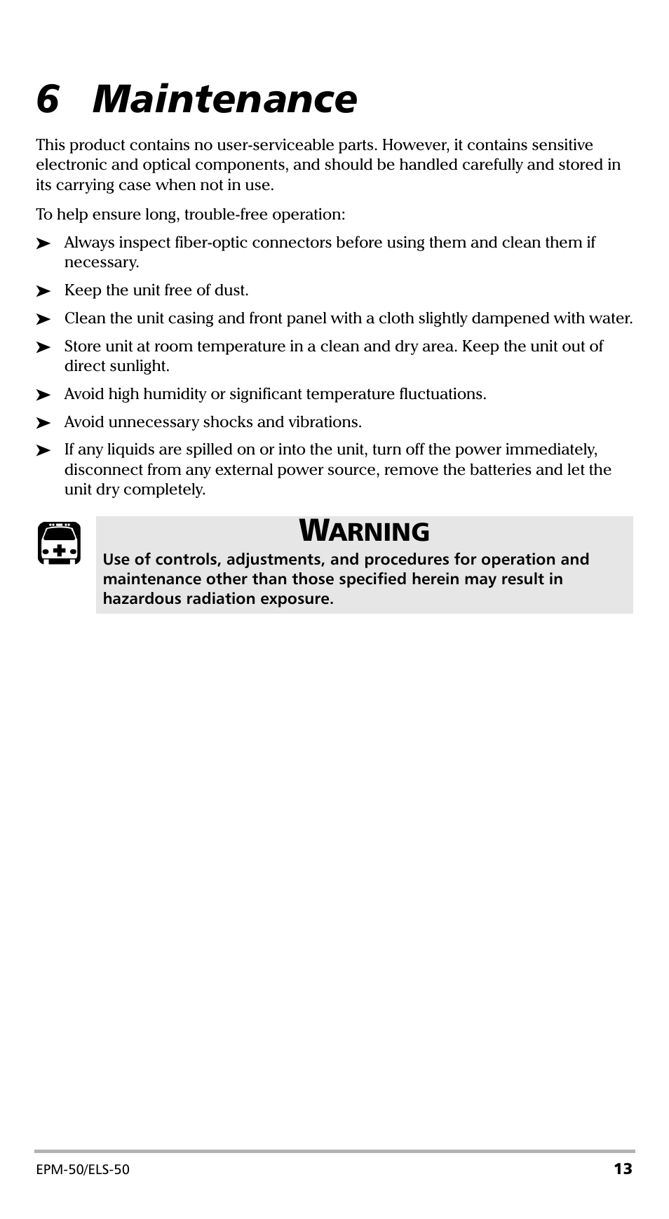 6 maintenance, Arning | EXFO EPM-ELS-50 User Manual | Page 17 / 206