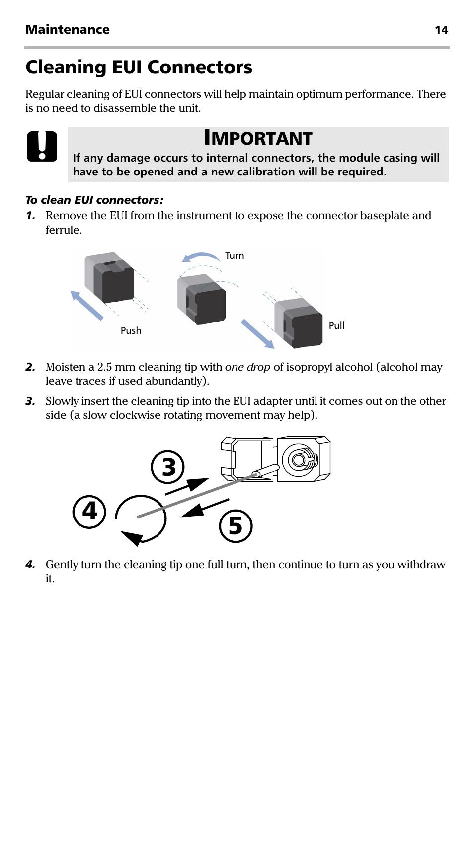 Cleaning eui connectors, Mportant | EXFO EPM-ELS-50 User Manual | Page 18 / 206