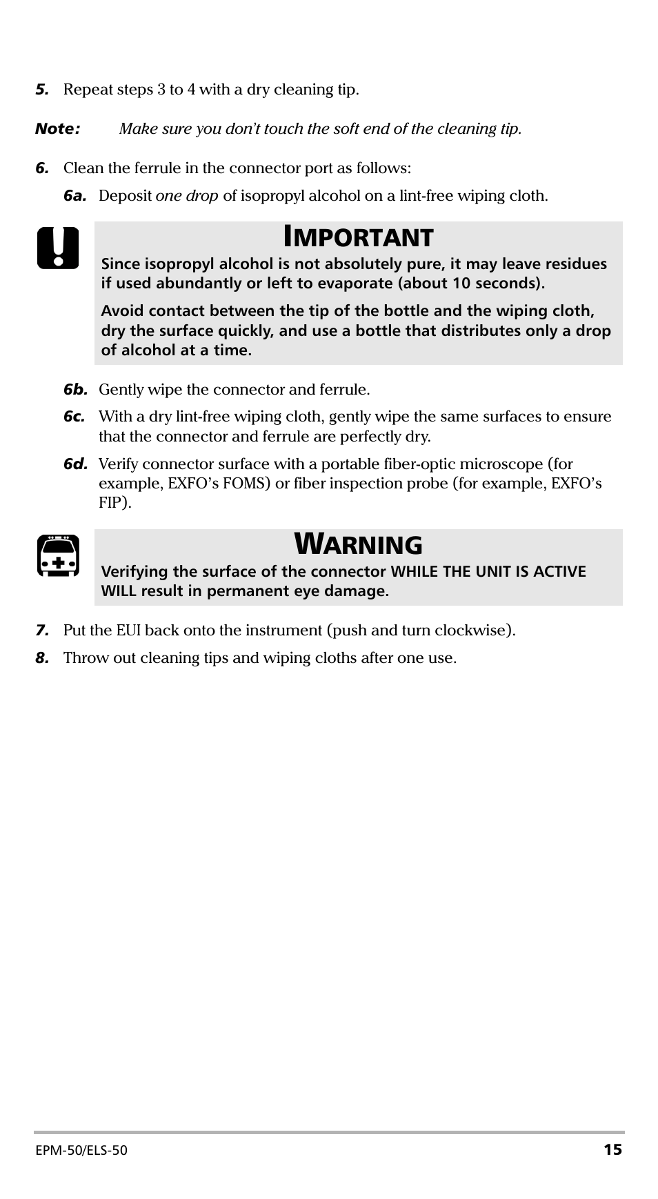 Mportant, Arning | EXFO EPM-ELS-50 User Manual | Page 19 / 206