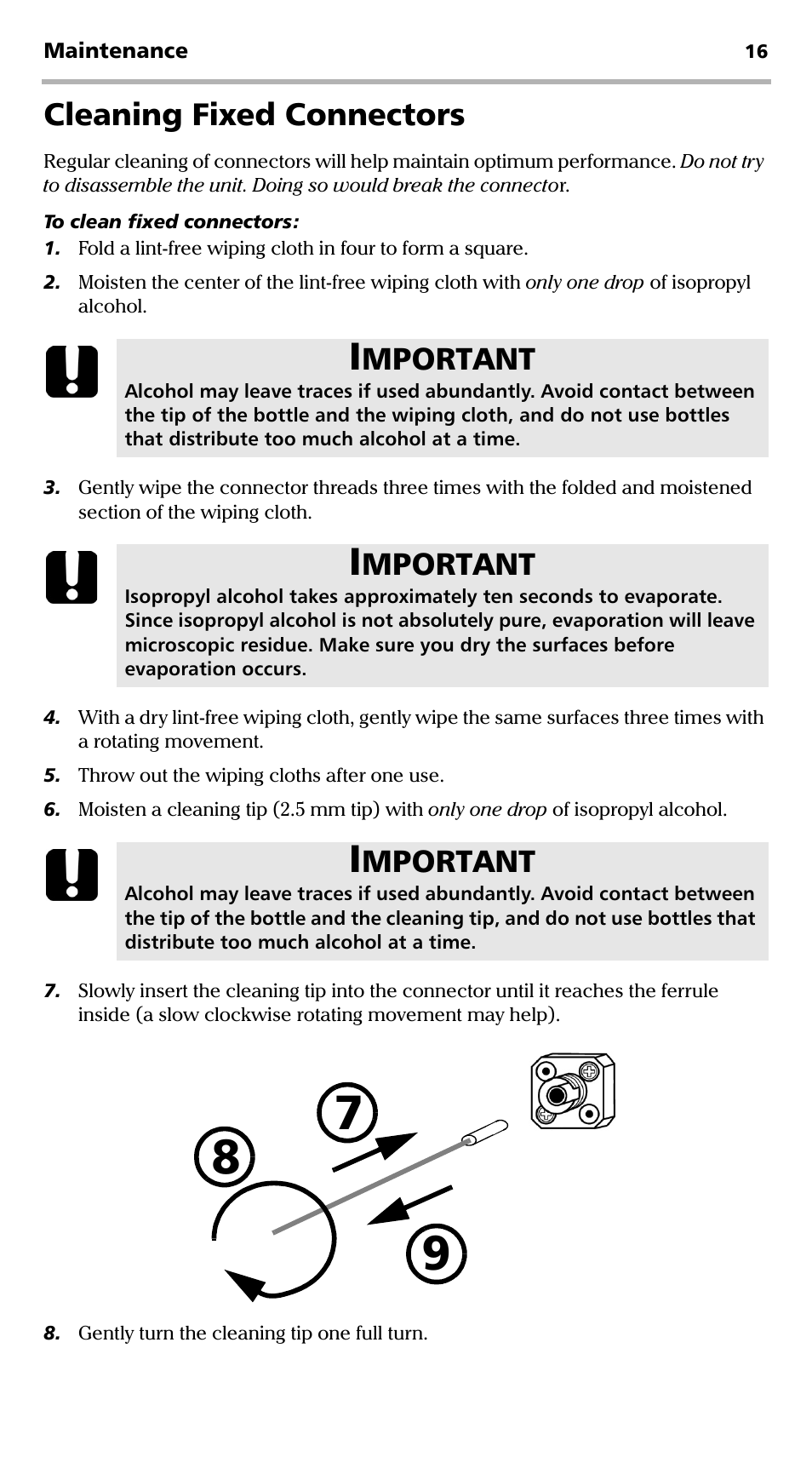 Cleaning fixed connectors, Mportant | EXFO EPM-ELS-50 User Manual | Page 20 / 206