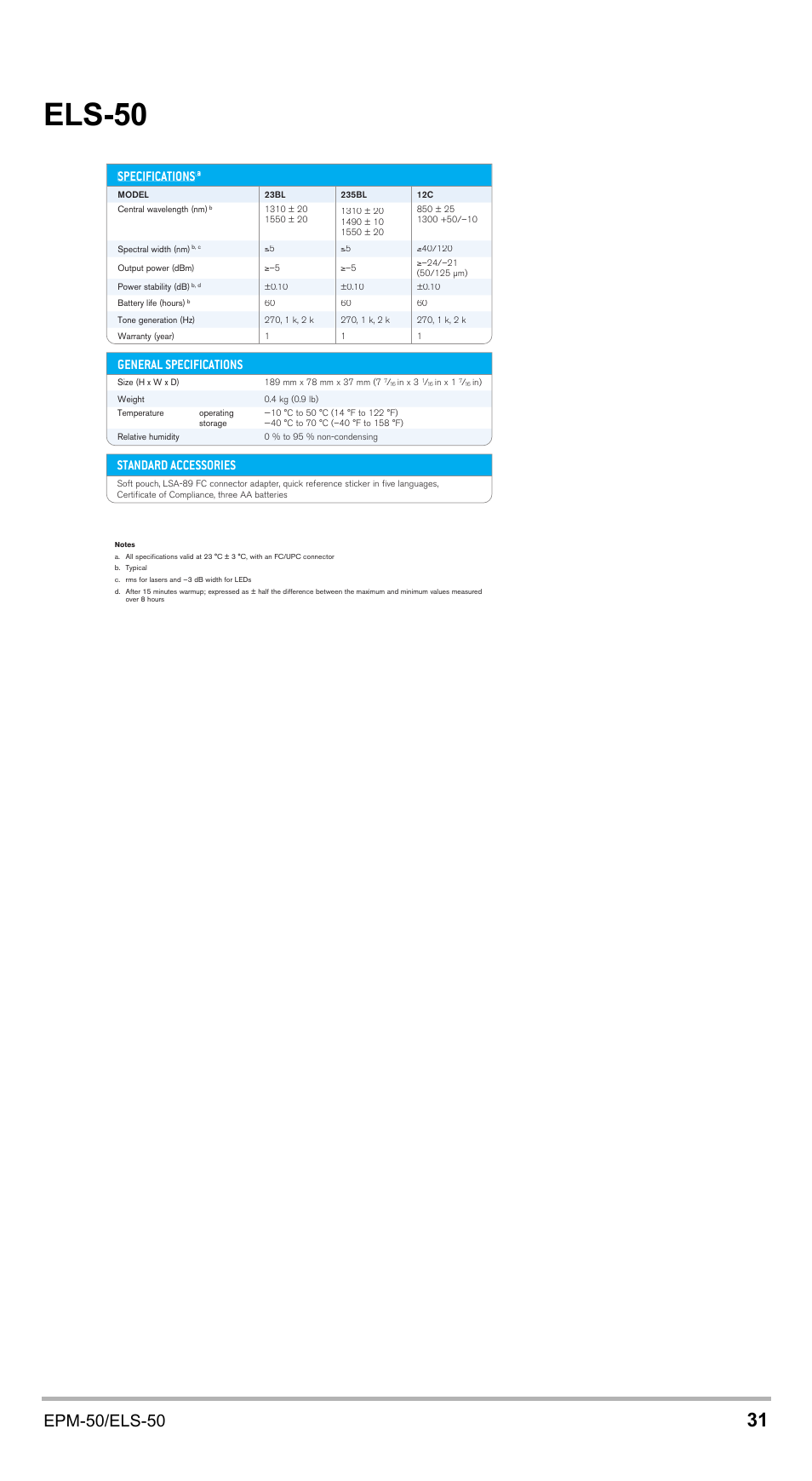 Els-50, Epm-50/els-50, Specifications | Standard accessories, General specifications | EXFO EPM-ELS-50 User Manual | Page 205 / 206