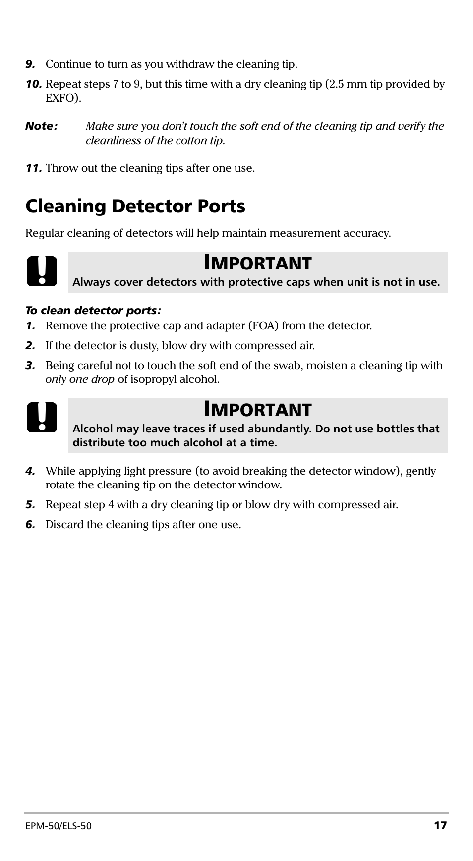 Cleaning detector ports, Mportant | EXFO EPM-ELS-50 User Manual | Page 21 / 206