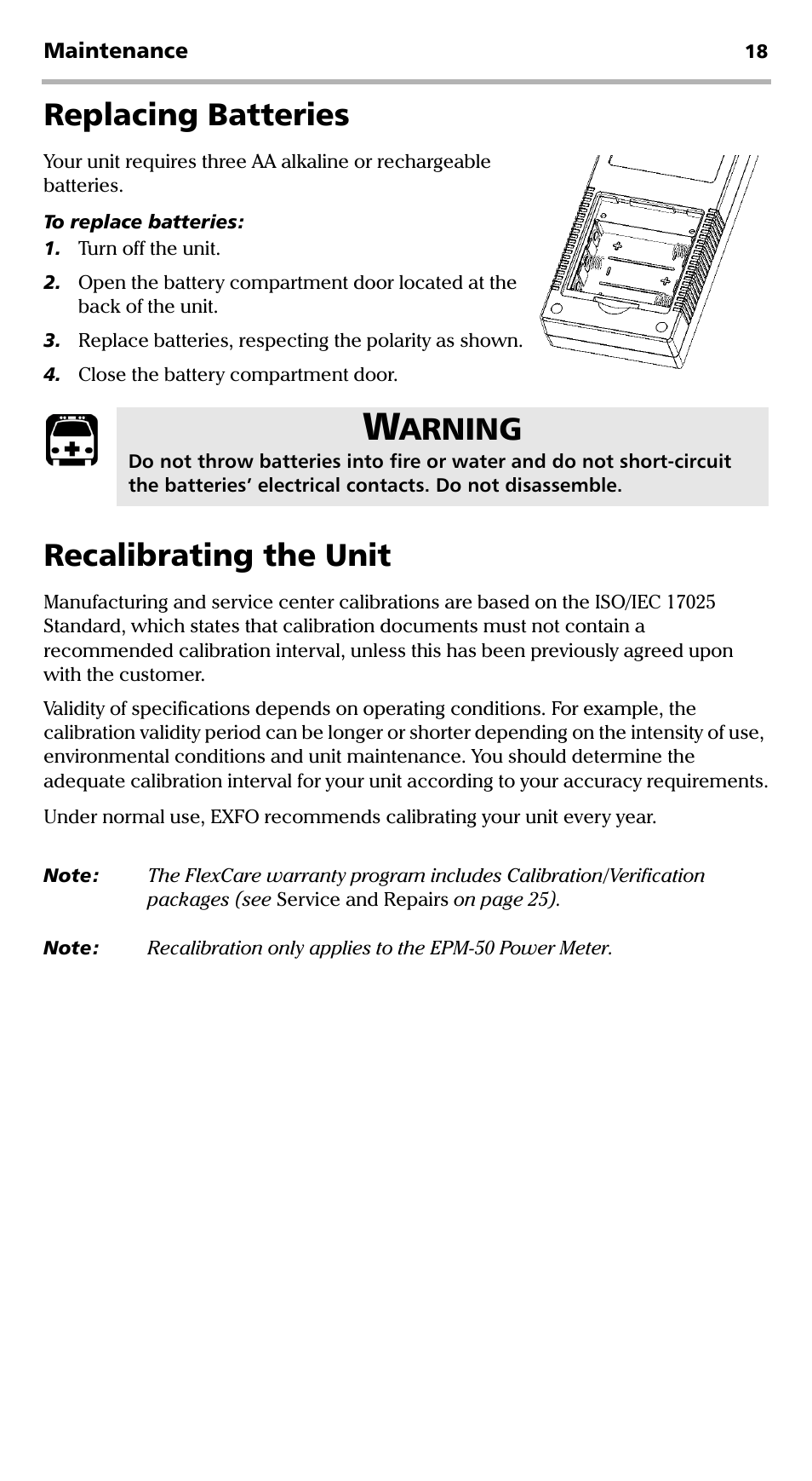 Replacing batteries, Recalibrating the unit, Replacing batteries recalibrating the unit | Arning | EXFO EPM-ELS-50 User Manual | Page 22 / 206