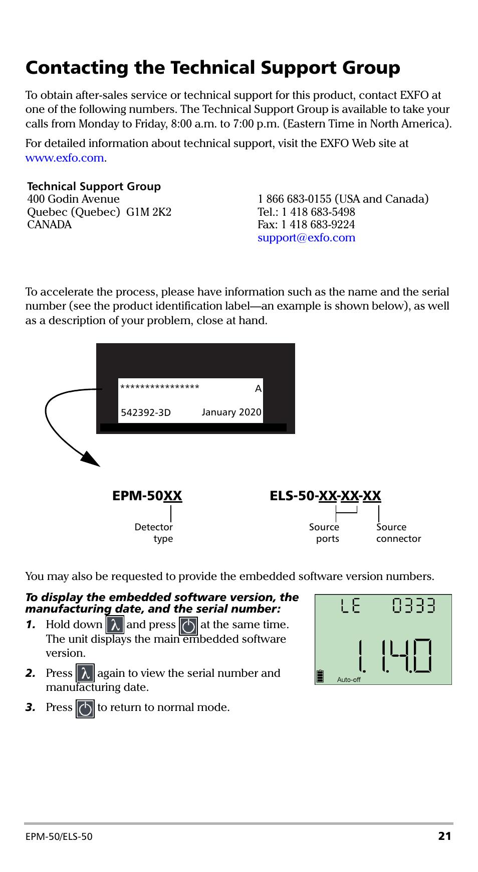 Contacting the technical support group, Epm-50xx, Els-50-xx-xx-xx | EXFO EPM-ELS-50 User Manual | Page 25 / 206