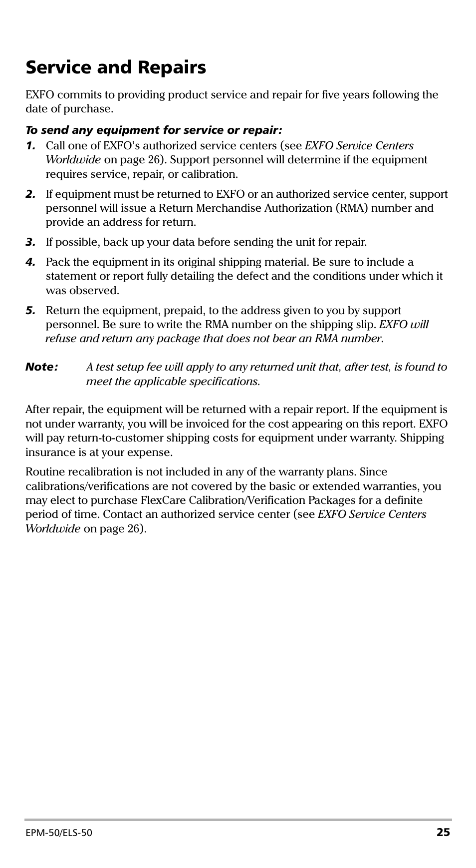 Service and repairs | EXFO EPM-ELS-50 User Manual | Page 29 / 206