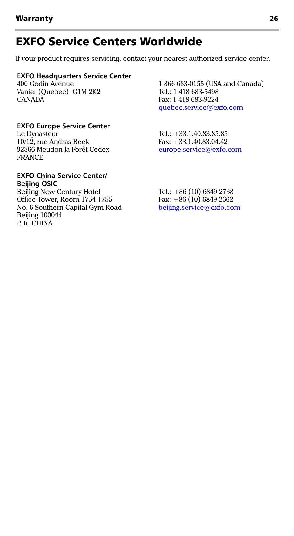 Exfo service centers worldwide | EXFO EPM-ELS-50 User Manual | Page 30 / 206