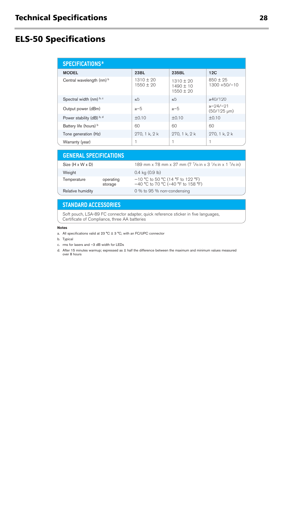 Els-50 specifications, Technical specifications, Specifications | Standard accessories, General specifications, Optional accessories | EXFO EPM-ELS-50 User Manual | Page 32 / 206