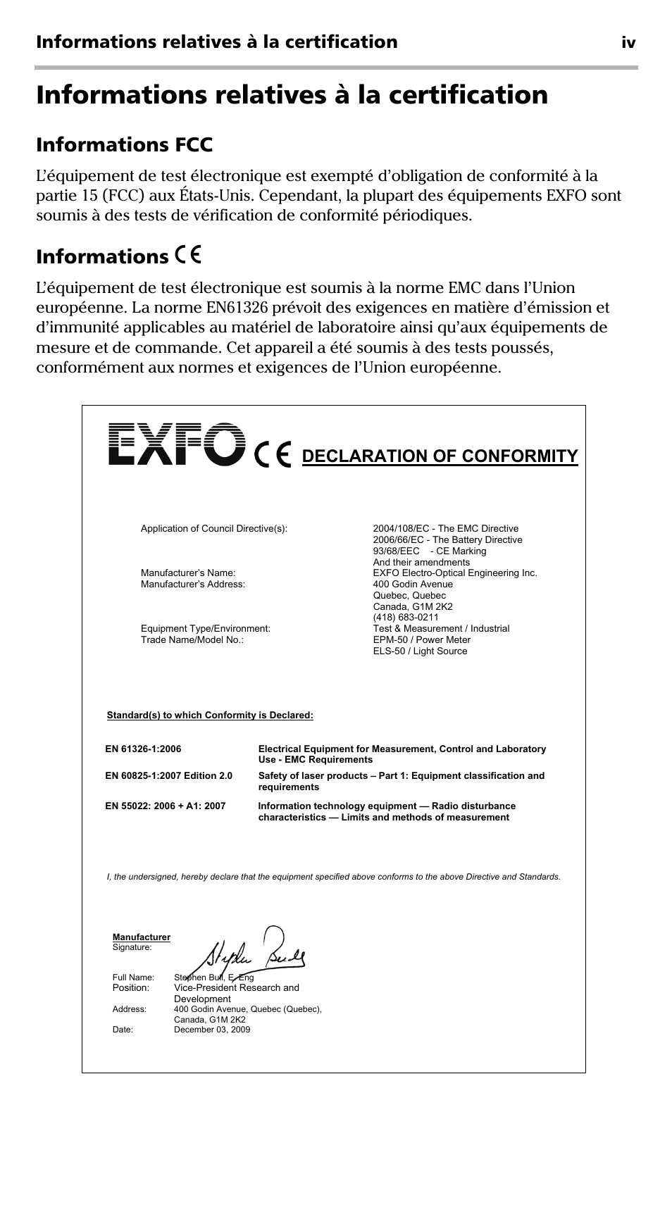 Informations fcc, Informations, Informations relatives à la certification | Declaration of conformity | EXFO EPM-ELS-50 User Manual | Page 38 / 206