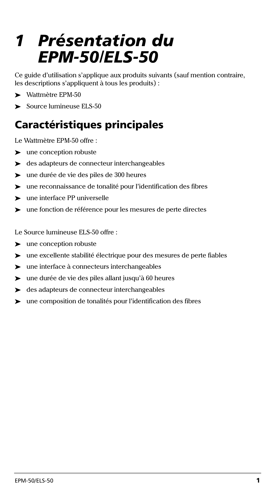 1 présentation du epm-50/els-50, Caractéristiques principales | EXFO EPM-ELS-50 User Manual | Page 39 / 206