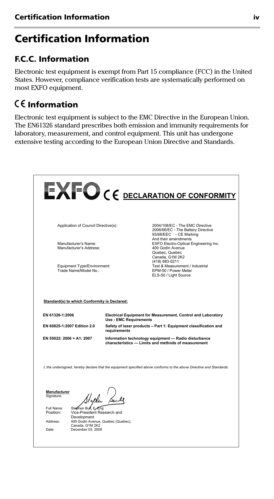 Certification information, F.c.c. information, Information | Declaration of conformity | EXFO EPM-ELS-50 User Manual | Page 4 / 206