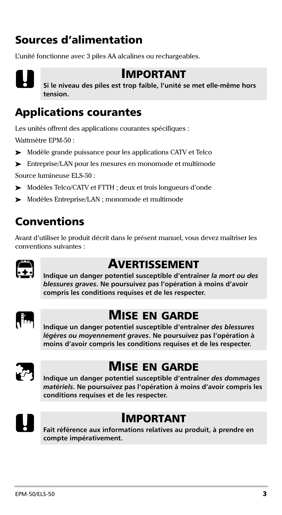 Sources d’alimentation, Applications courantes, Conventions | Mportant, Vertissement, Garde | EXFO EPM-ELS-50 User Manual | Page 41 / 206