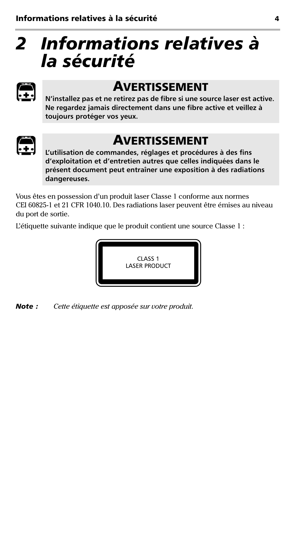 2 informations relatives à la sécurité, Vertissement | EXFO EPM-ELS-50 User Manual | Page 42 / 206
