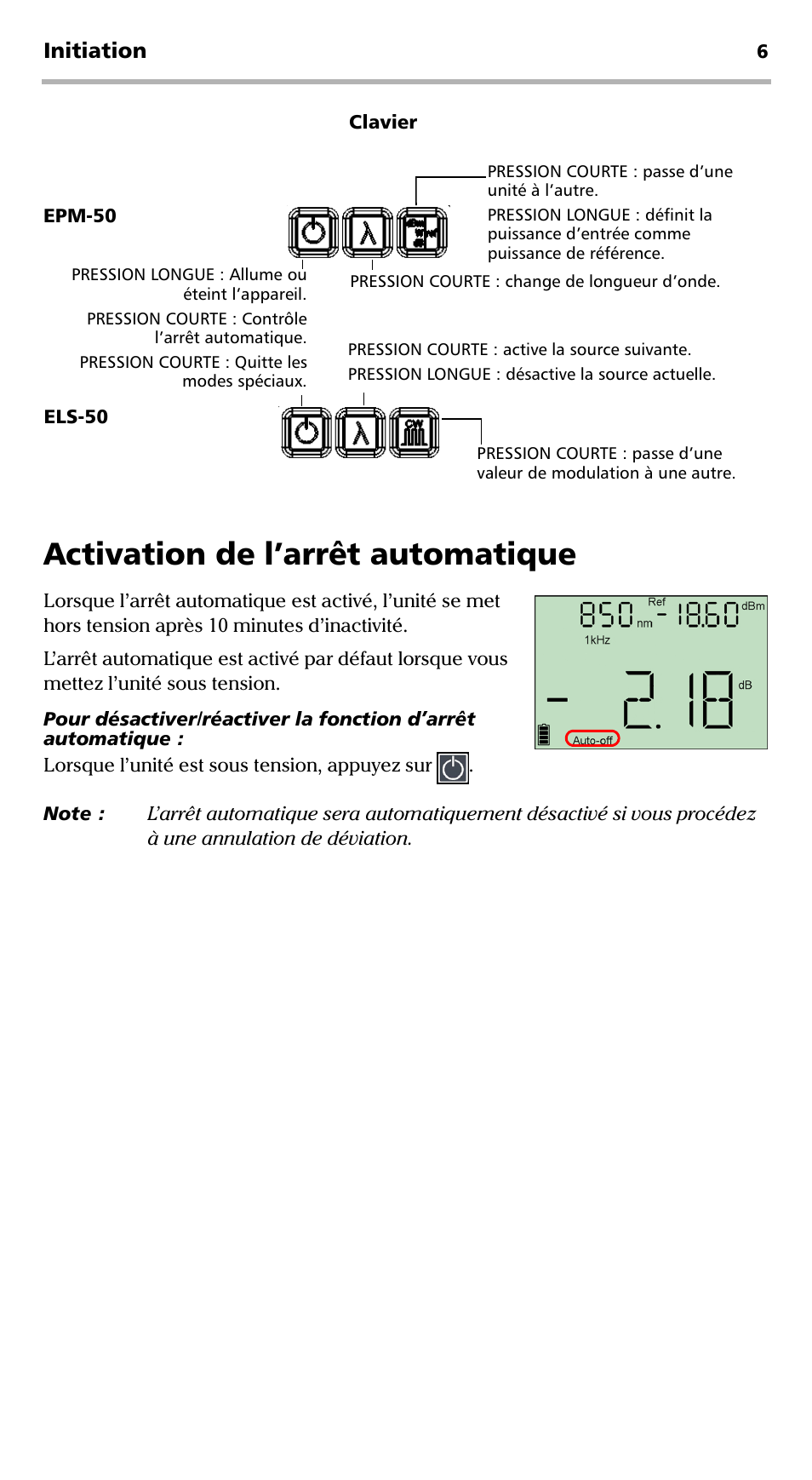 Activation de l’arrêt automatique, Initiation | EXFO EPM-ELS-50 User Manual | Page 44 / 206