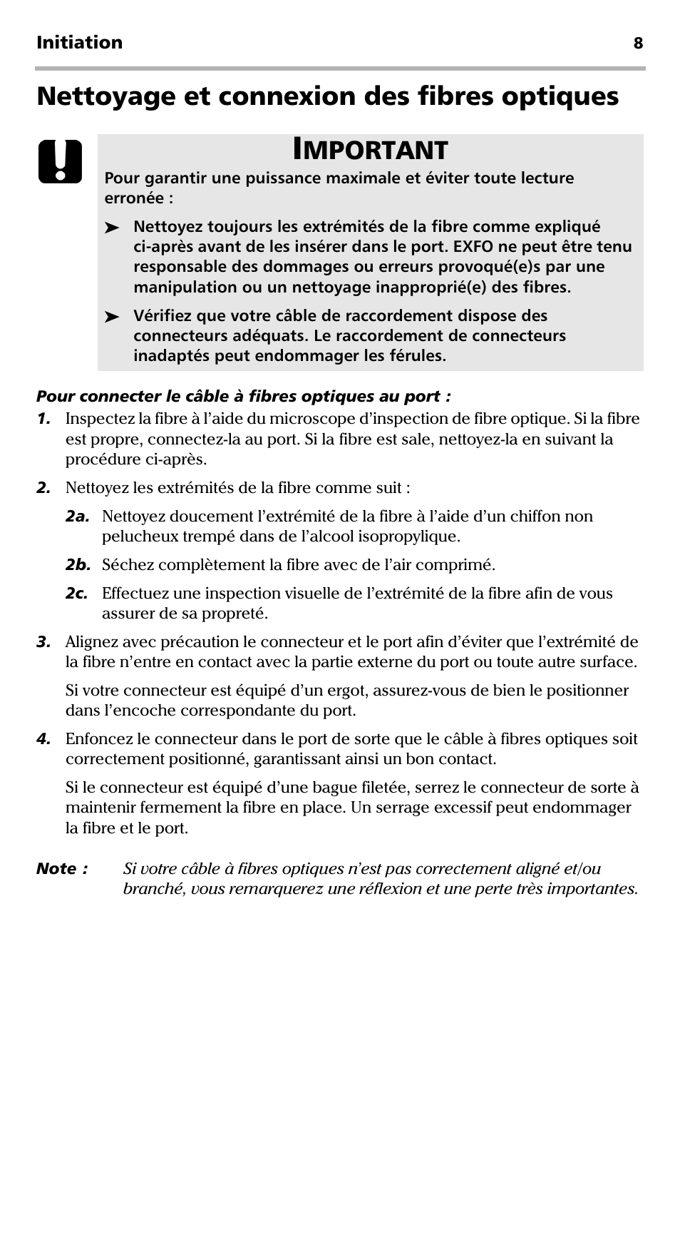 Nettoyage et connexion des fibres optiques, Mportant | EXFO EPM-ELS-50 User Manual | Page 46 / 206