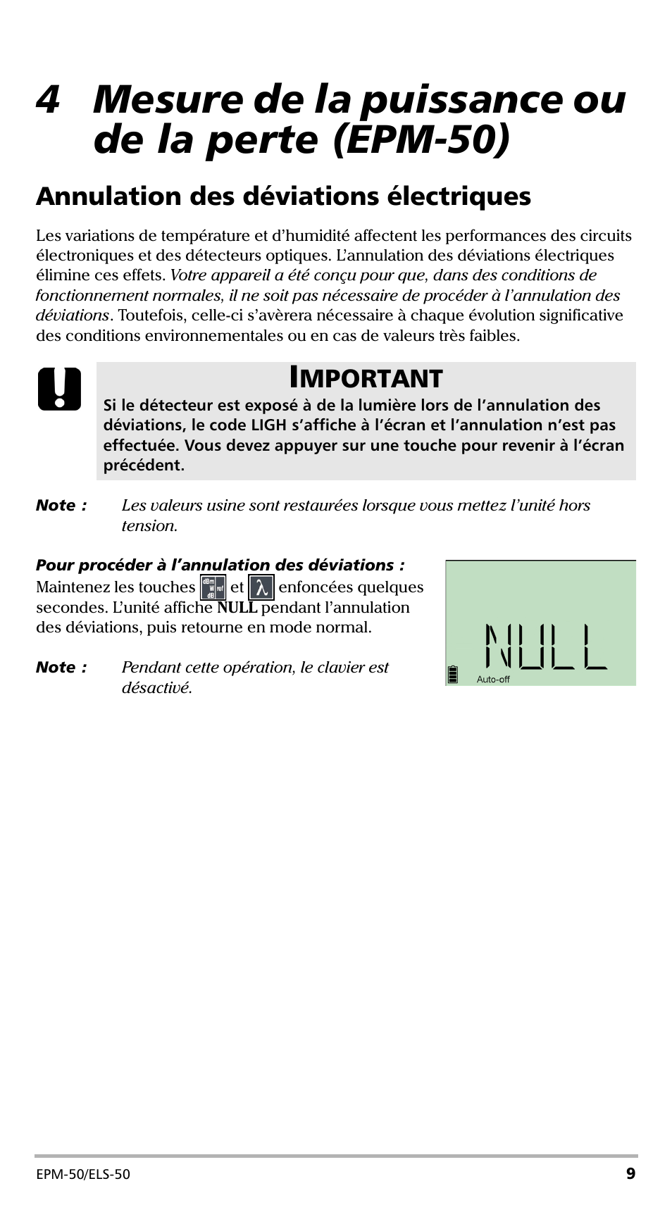 4 mesure de la puissance ou de la perte (epm-50), Annulation des déviations électriques, Mportant | EXFO EPM-ELS-50 User Manual | Page 47 / 206