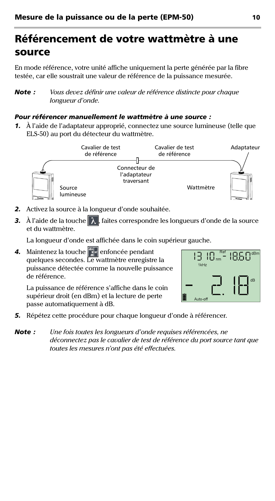 Référencement de votre wattmètre à une source, Mesure de la puissance ou de la perte (epm-50) | EXFO EPM-ELS-50 User Manual | Page 48 / 206