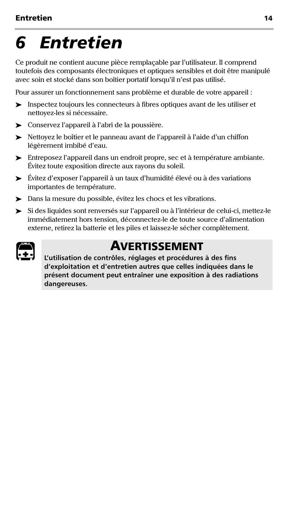 6 entretien, Vertissement | EXFO EPM-ELS-50 User Manual | Page 52 / 206