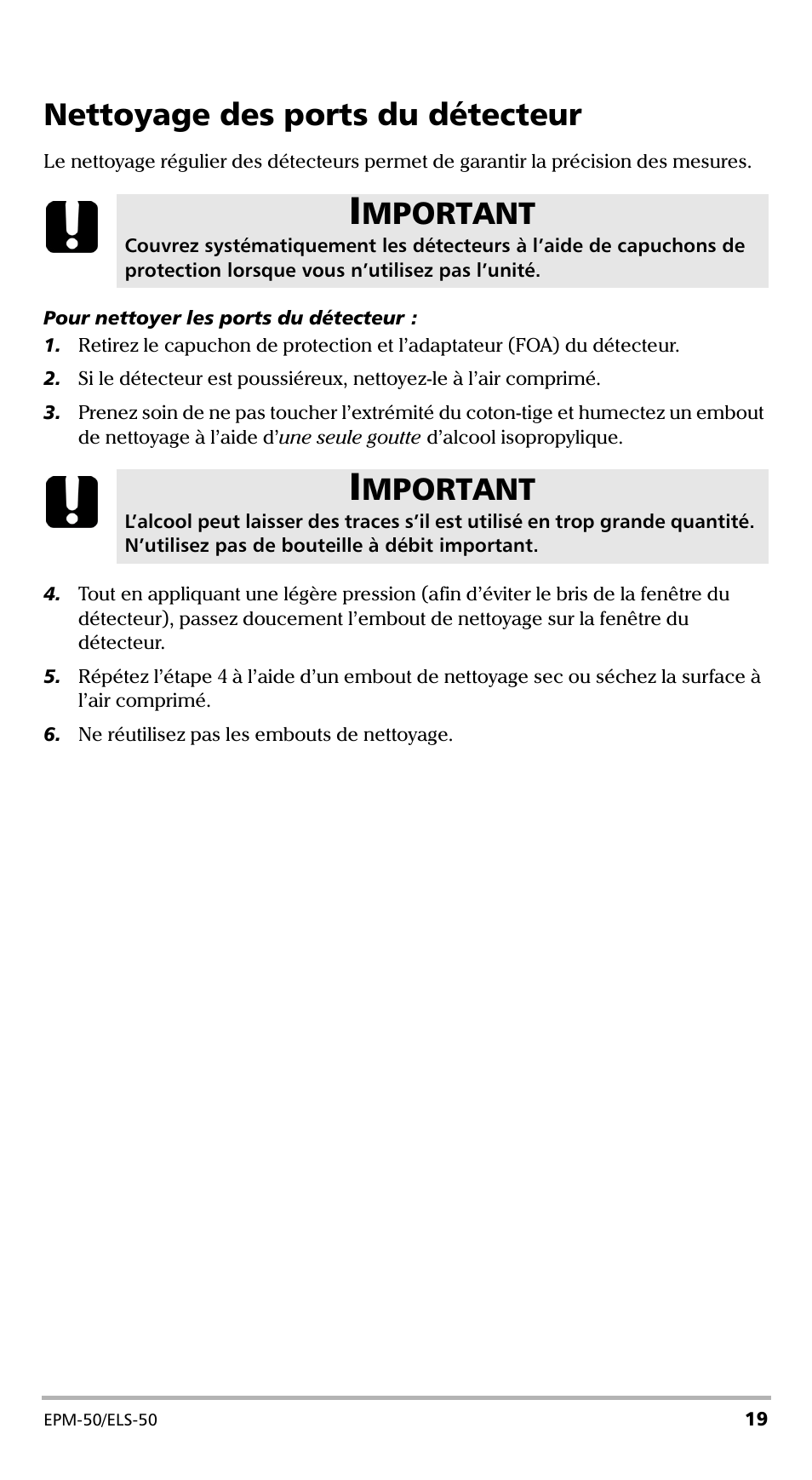 Nettoyage des ports du détecteur, Mportant | EXFO EPM-ELS-50 User Manual | Page 57 / 206