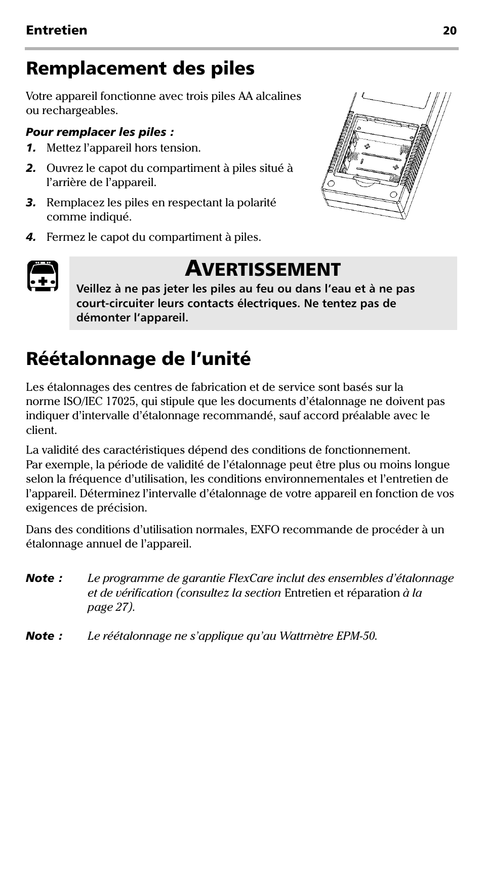 Remplacement des piles réétalonnage de l’unité, Remplacement des piles, Réétalonnage de l’unité | Vertissement | EXFO EPM-ELS-50 User Manual | Page 58 / 206