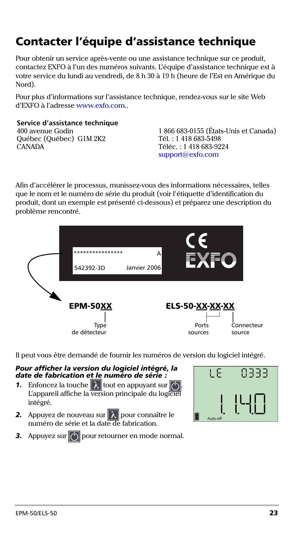 Contacter l’équipe d’assistance technique, Epm-50xx, Els-50-xx-xx-xx | EXFO EPM-ELS-50 User Manual | Page 61 / 206