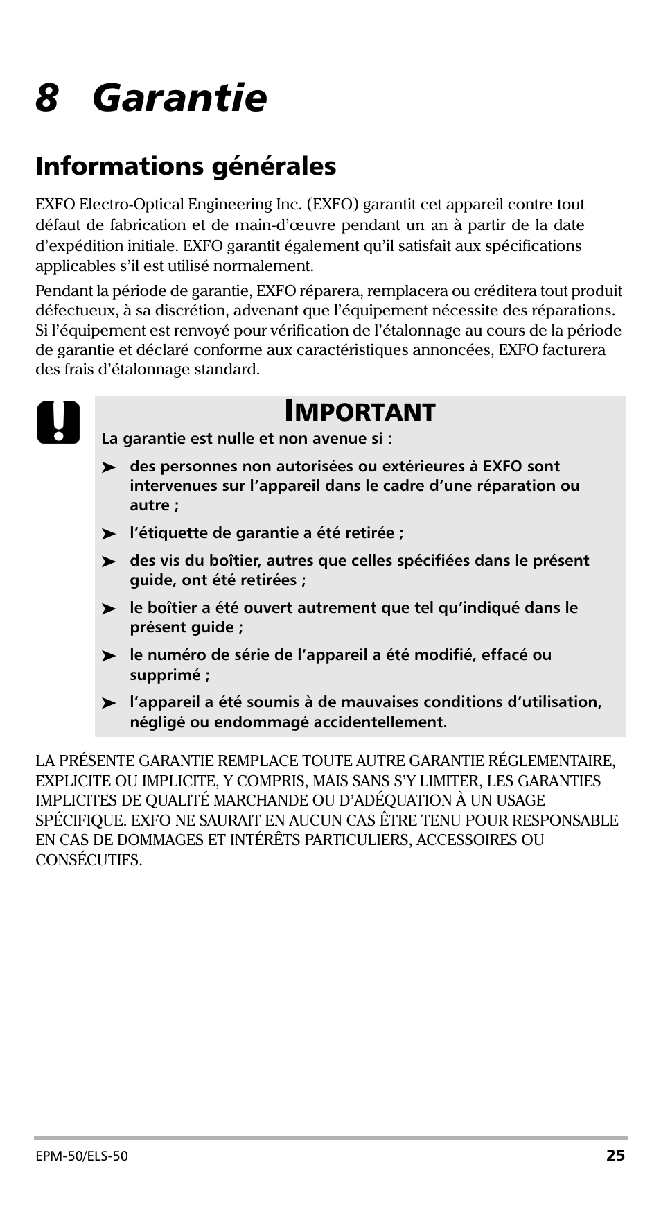 8 garantie, Informations générales, Mportant | EXFO EPM-ELS-50 User Manual | Page 63 / 206