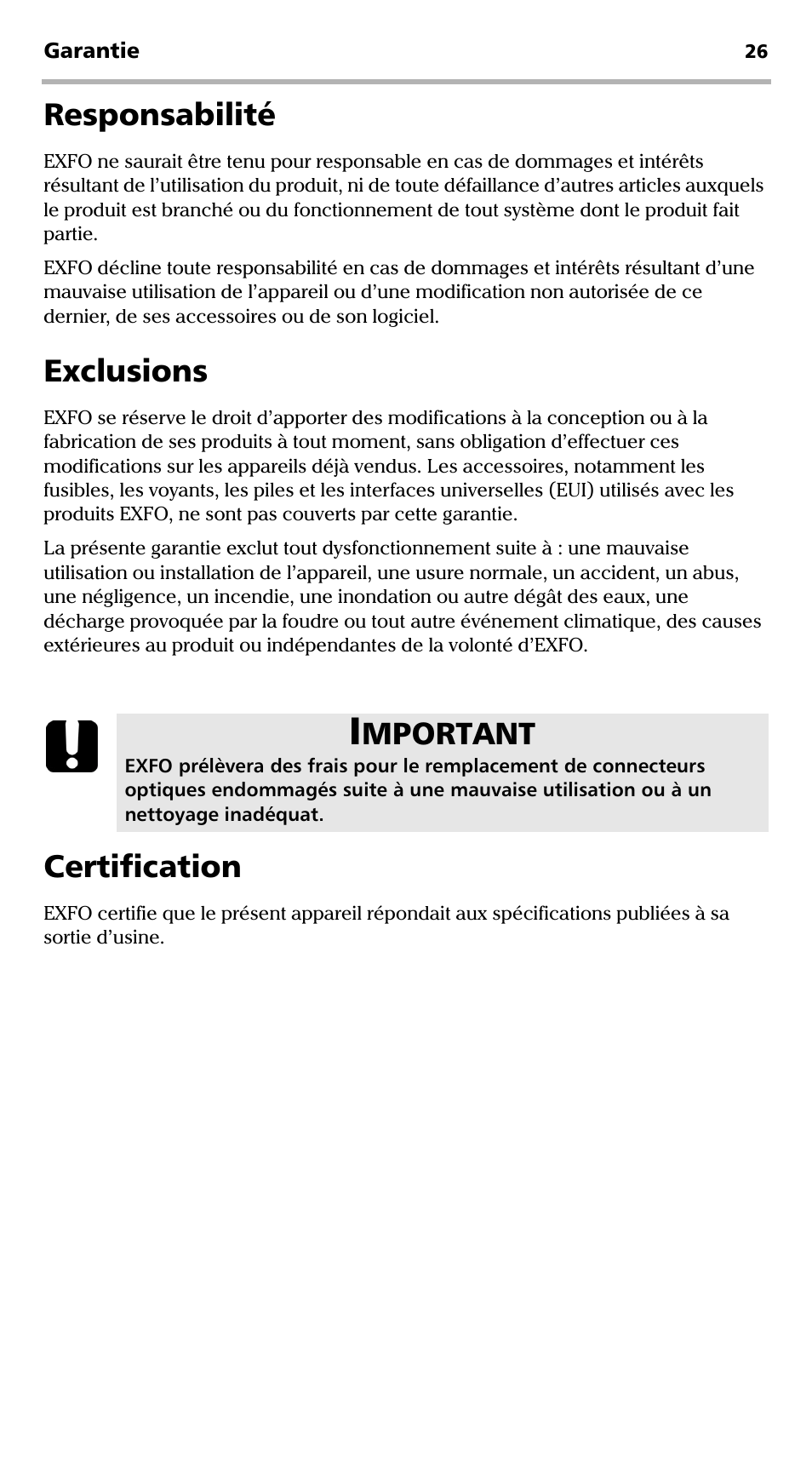 Responsabilité exclusions certification, Responsabilité, Exclusions | Certification, Mportant | EXFO EPM-ELS-50 User Manual | Page 64 / 206