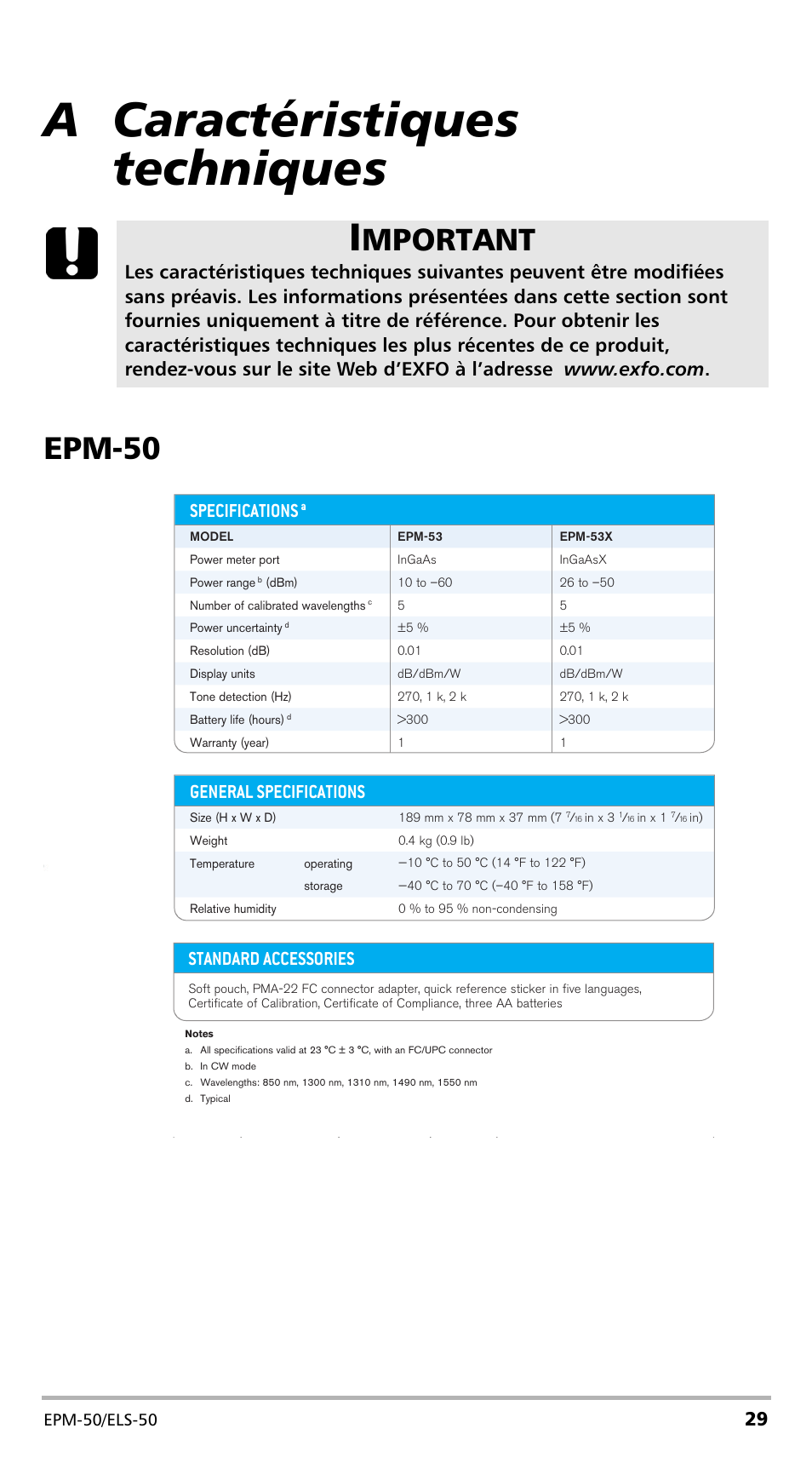 A caractéristiques techniques, Epm-50, Mportant | Optional accessories, Standard accessories, General specifications, Specifications | EXFO EPM-ELS-50 User Manual | Page 67 / 206