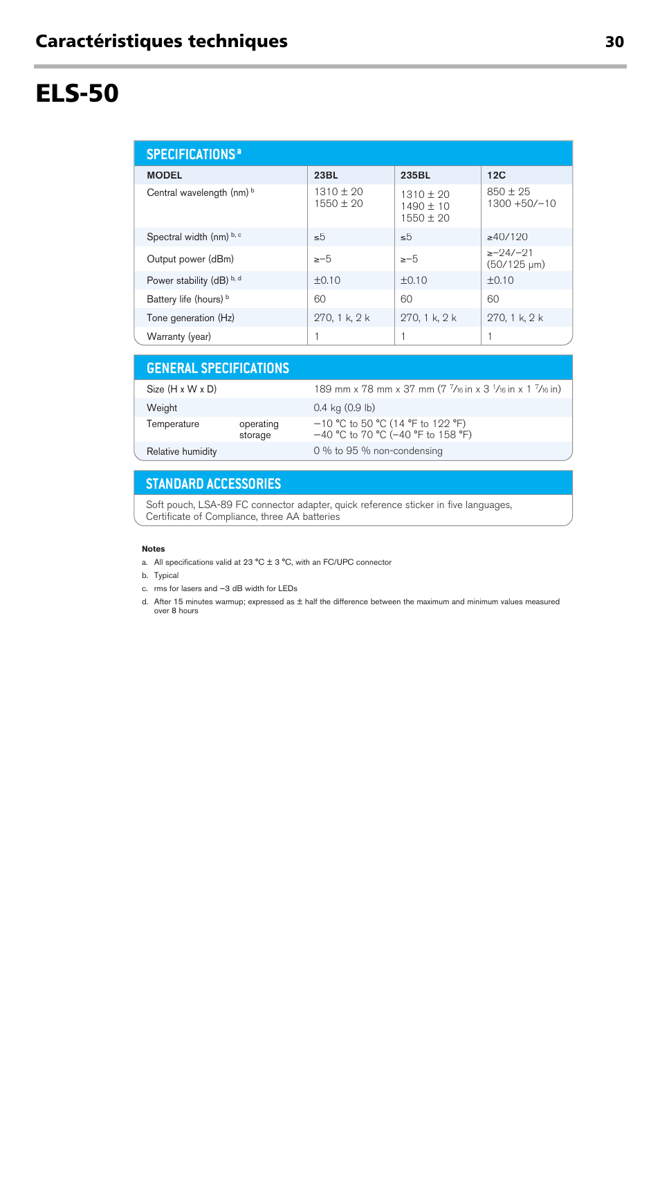 Els-50, Caractéristiques techniques, Specifications | Standard accessories, General specifications, Optional accessories | EXFO EPM-ELS-50 User Manual | Page 68 / 206