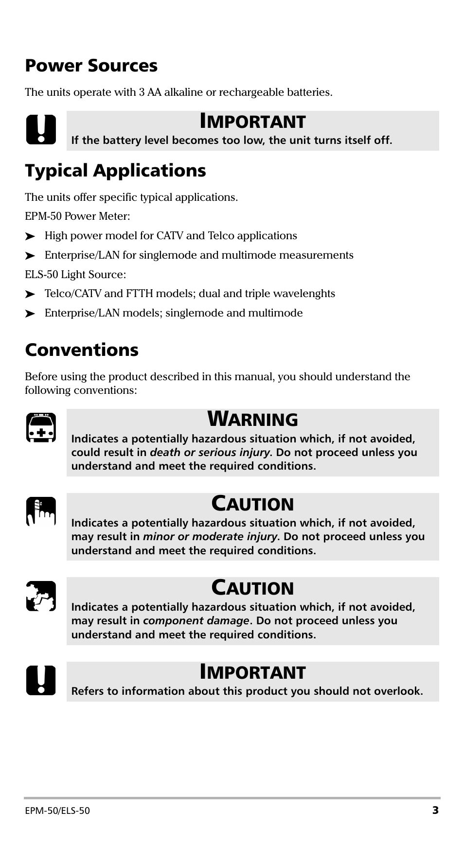 Power sources, Typical applications, Conventions | Power sources typical applications conventions, Mportant, Arning, Aution | EXFO EPM-ELS-50 User Manual | Page 7 / 206