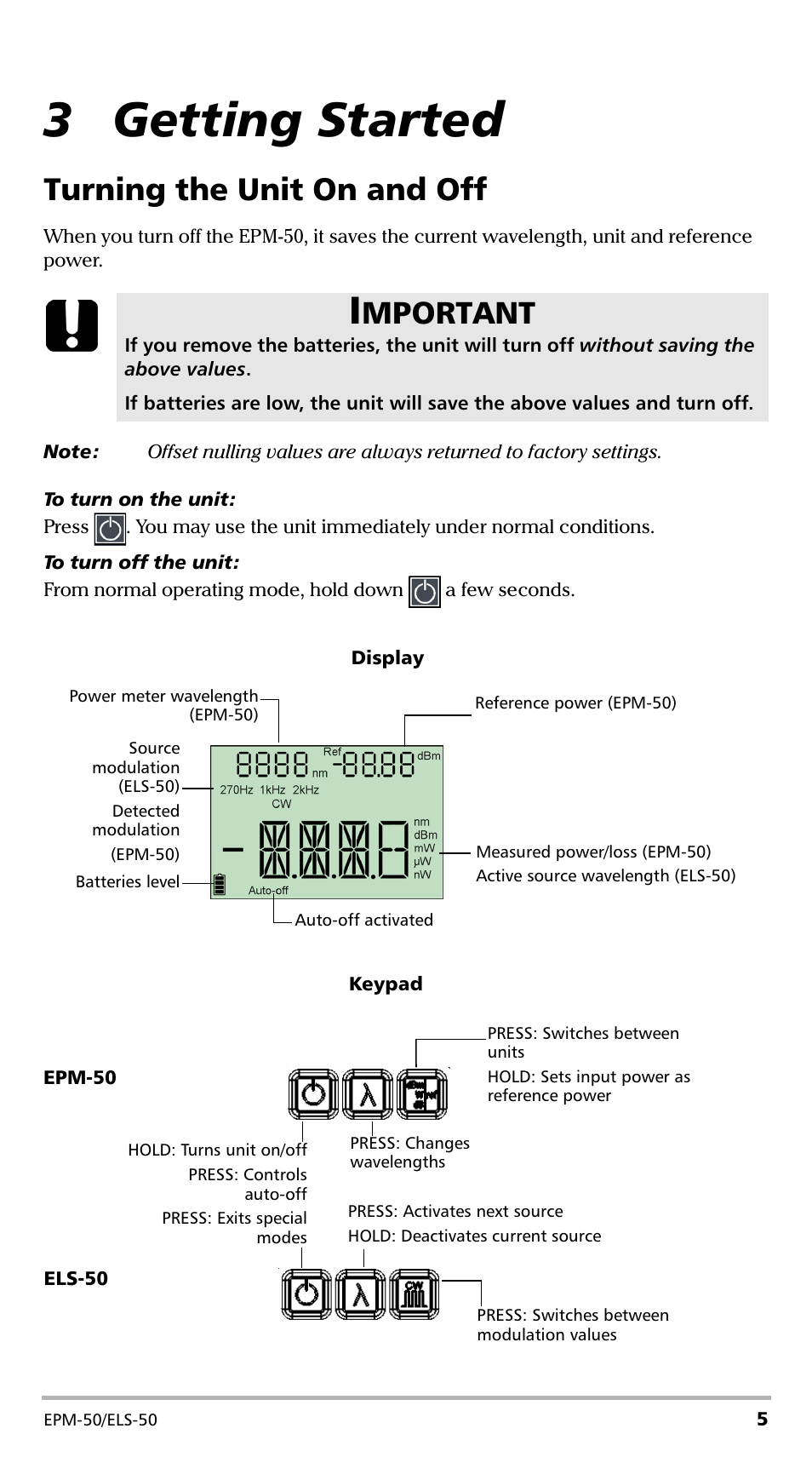 3 getting started, Turning the unit on and off, Mportant | EXFO EPM-ELS-50 User Manual | Page 9 / 206