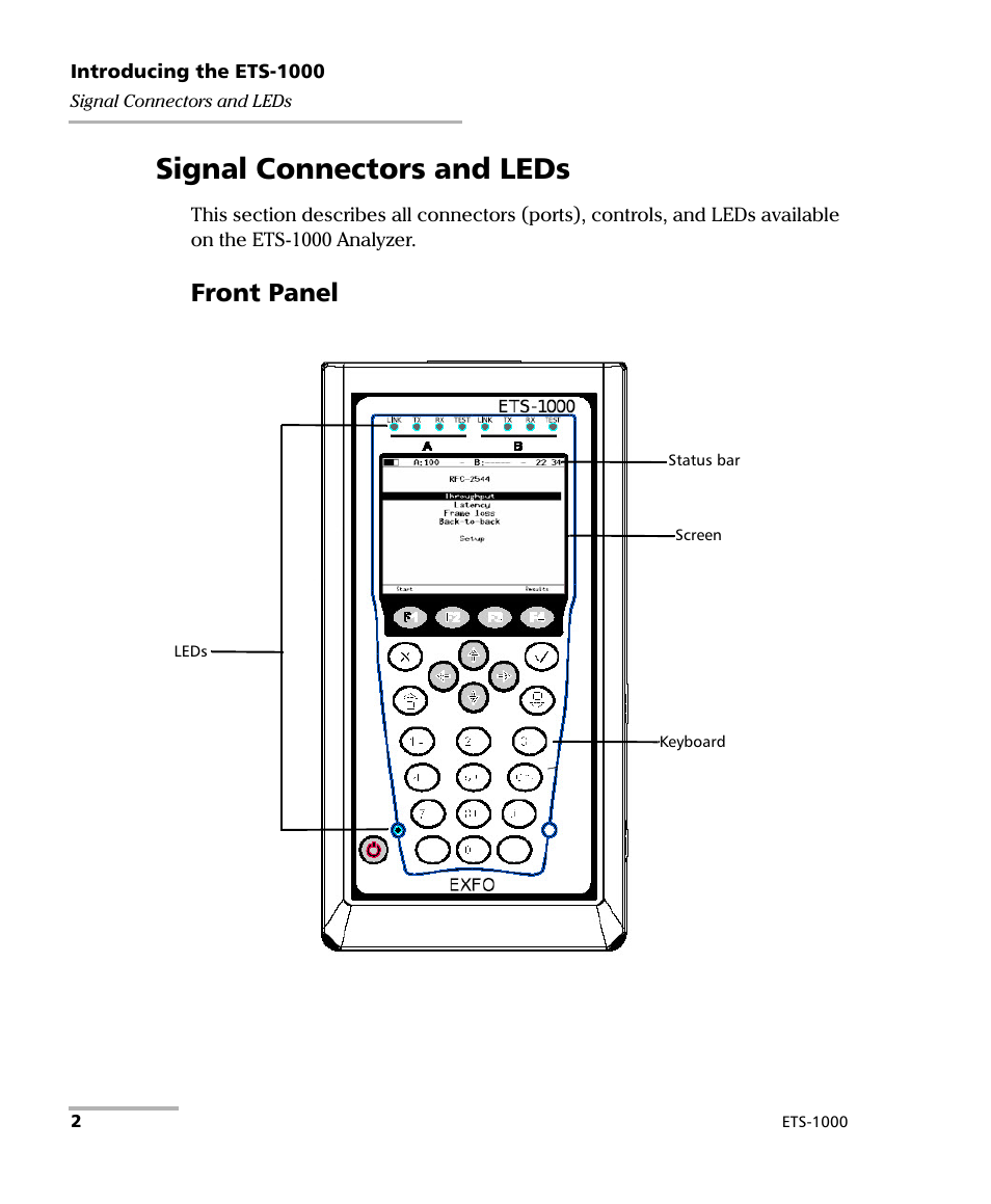 Signal connectors and leds, Front panel | EXFO ETS-1000 User Manual | Page 10 / 173