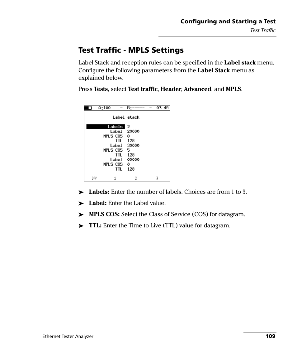 Test traffic - mpls settings | EXFO ETS-1000 User Manual | Page 117 / 173
