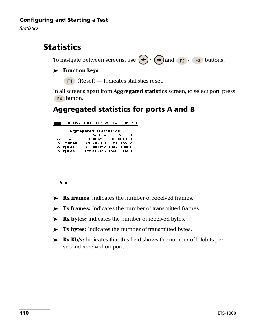 Statistics, Aggregated statistics for ports a and b | EXFO ETS-1000 User Manual | Page 118 / 173